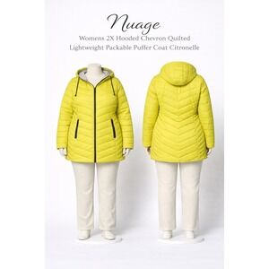 Nuage Womens 2X Hooded Chevron Quilted Lightweight Packable Puffer Coat Yellow